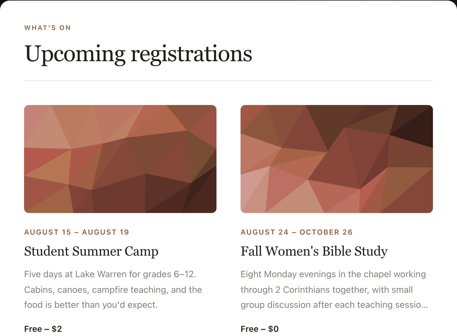 An upcoming registrations list rendered on a page: two signups with artwork, dates, descriptions, price ranges, and a register button, one of them showing a waitlist.